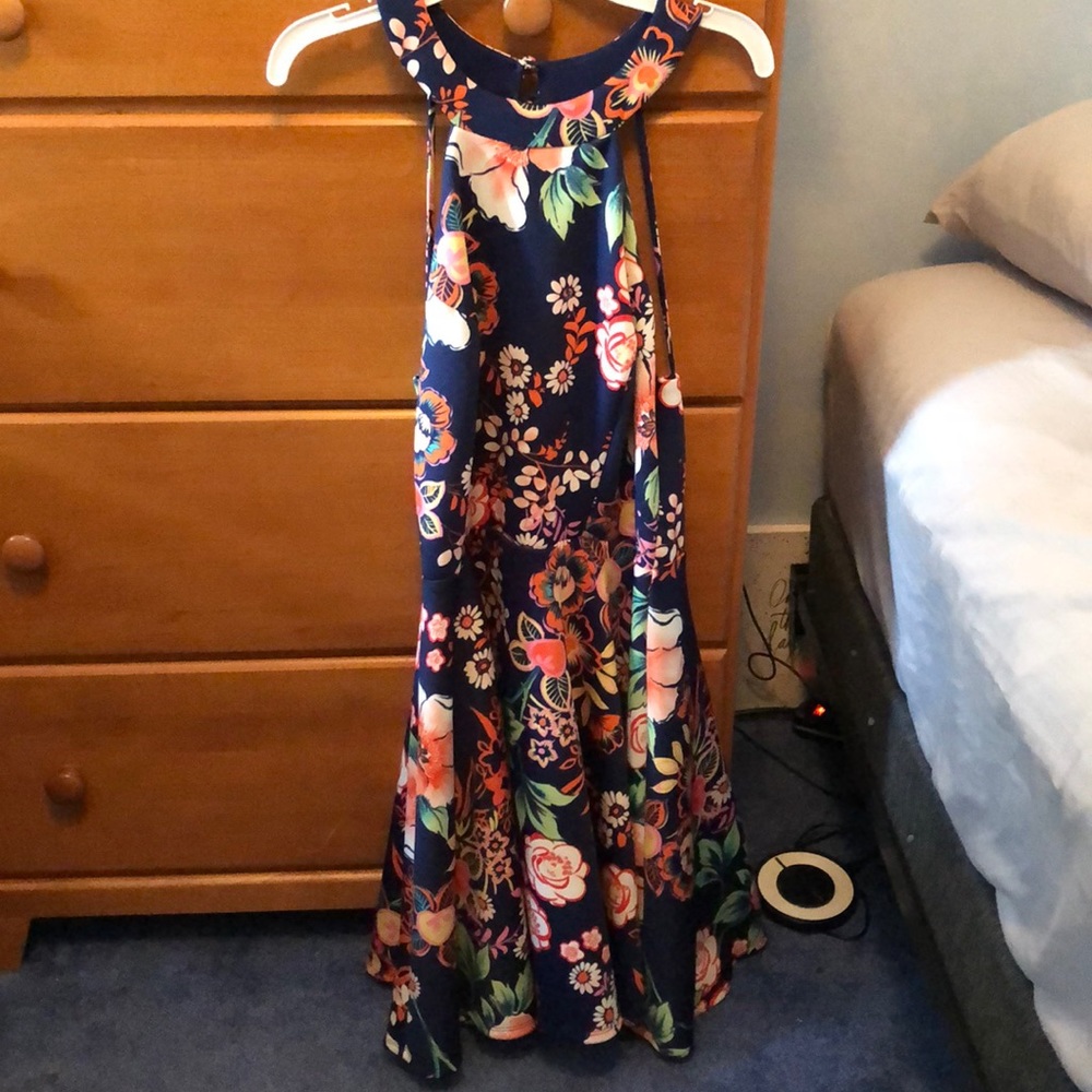 formal navy blue dress with pink flowers